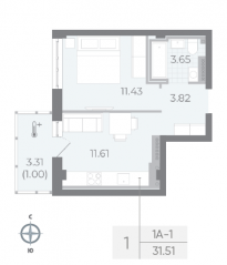 ЖК «Neva Residence», планировка 1-комнатной квартиры, 31.30 м²