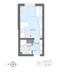 ЖК «Морская миля», планировка студии, 22.08 м²