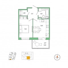 ЖК «Янила», планировка 1-комнатной квартиры, 41.09 м²