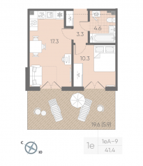МЖК «Пулково Lake», планировка 1-комнатной квартиры, 41.40 м²