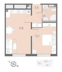 МЖК «Пулково Lake», планировка 1-комнатной квартиры, 36.70 м²