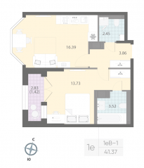 ЖК «Цивилизация на Неве», планировка 1-комнатной квартиры, 41.37 м²