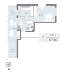 ЖК «Neva Residence», планировка 2-комнатной квартиры, 62.60 м²