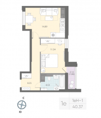 ЖК «Цивилизация на Неве», планировка 1-комнатной квартиры, 40.37 м²