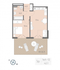 МЖК «Пулково Lake», планировка 1-комнатной квартиры, 42.10 м²