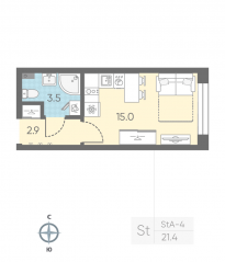 ЖК «ЛСР. Измайловский», планировка студии, 21.40 м²