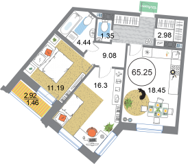 ЖК «Modum», планировка 2-комнатной квартиры, 65.25 м²