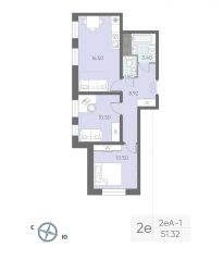 ЖК «Ручьи», планировка 2-комнатной квартиры, 50.70 м²