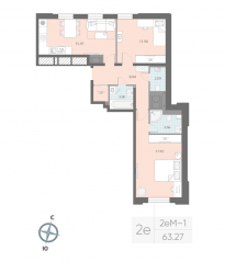 ЖК «Цивилизация на Неве», планировка 2-комнатной квартиры, 63.27 м²