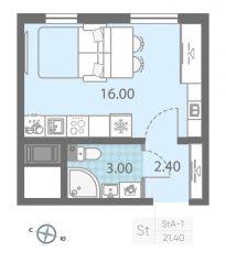 ЖК «ЛСР. Ржевский парк», планировка студии, 21.40 м²