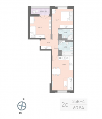 ЖК «Цивилизация на Неве», планировка 2-комнатной квартиры, 60.54 м²