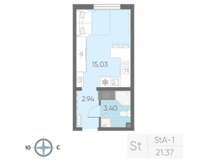 ЖК «Морская миля», планировка студии, 21.37 м²