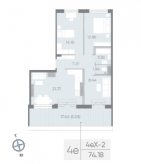 ЖК «Neva Residence», планировка 3-комнатной квартиры, 74.90 м²