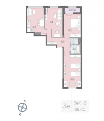 ЖК «Цивилизация на Неве», планировка 3-комнатной квартиры, 88.40 м²