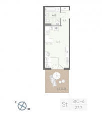 МЖК «Пулково Lake», планировка студии, 27.70 м²