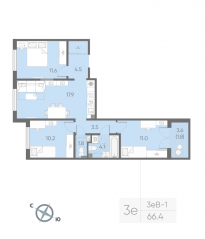МЖК «Пулково Lake», планировка 3-комнатной квартиры, 66.40 м²