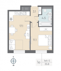ЖК «ЛСР. Большая Охта», планировка 1-комнатной квартиры, 35.80 м²