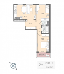 ЖК «Цветной город», планировка 2-комнатной квартиры, 54.80 м²