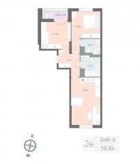 ЖК «Цивилизация на Неве», планировка 2-комнатной квартиры, 58.84 м²