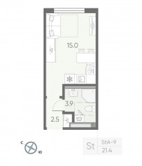 МЖК «Пулково Lake», планировка студии, 21.40 м²