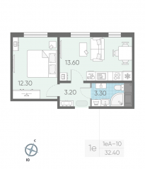 ЖК «ЛСР. Ржевский парк», планировка 1-комнатной квартиры, 32.40 м²