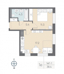 ЖК «ЛСР. Большая Охта», планировка 1-комнатной квартиры, 38.40 м²