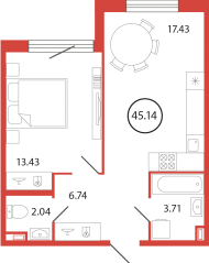 ЖК «Энфилд», планировка 1-комнатной квартиры, 45.14 м²