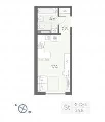 МЖК «Пулково Lake», планировка студии, 24.80 м²