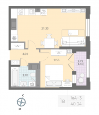 ЖК «Цивилизация на Неве», планировка 1-комнатной квартиры, 40.04 м²