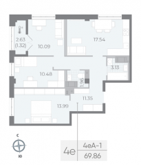 ЖК «Neva Residence», планировка 3-комнатной квартиры, 72.40 м²