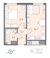 ЖК «Октябрьская набережная», планировка 1-комнатной квартиры, 37.20 м²