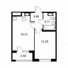 ЖК «Квартал Заречье», планировка 1-комнатной квартиры, 36.59 м²