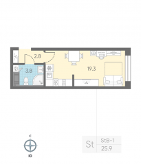 ЖК «ЛСР. Измайловский», планировка студии, 25.90 м²