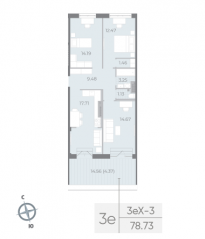 ЖК «Neva Residence», планировка 3-комнатной квартиры, 79.00 м²