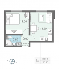 ЖК «ЛСР. Ржевский парк», планировка 1-комнатной квартиры, 30.10 м²