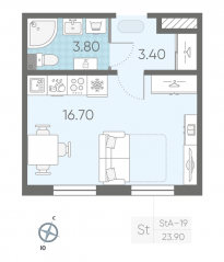 ЖК «ЛСР. Ржевский парк», планировка студии, 23.90 м²