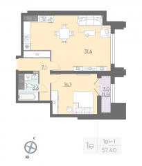 ЖК «Цивилизация на Неве», планировка 1-комнатной квартиры, 56.80 м²