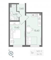 ЖК «Ручьи», планировка 1-комнатной квартиры, 34.70 м²