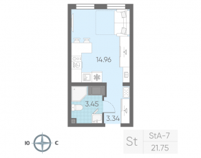 ЖК «Морская миля», планировка студии, 21.75 м²
