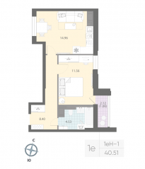 ЖК «Цивилизация на Неве», планировка 1-комнатной квартиры, 40.51 м²