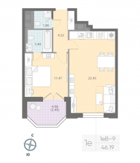 ЖК «Цивилизация на Неве», планировка 1-комнатной квартиры, 46.19 м²