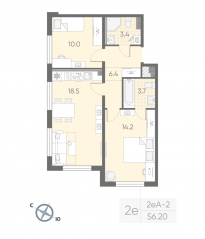 МЖК «Пулково Lake», планировка 2-комнатной квартиры, 56.20 м²