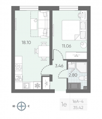 ЖК «Морская миля», планировка 1-комнатной квартиры, 35.53 м²