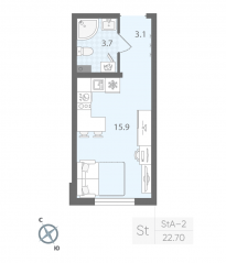 ЖК «Ручьи», планировка студии, 22.70 м²