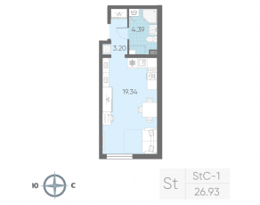 ЖК «Морская миля», планировка студии, 26.93 м²