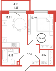 ЖК «Энфилд», планировка 1-комнатной квартиры, 39.28 м²
