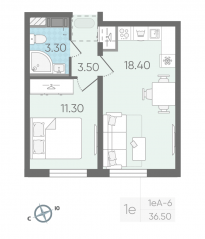 ЖК «Октябрьская набережная», планировка 1-комнатной квартиры, 36.50 м²