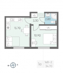 ЖК «ЛСР. Ржевский парк», планировка 1-комнатной квартиры, 34.70 м²