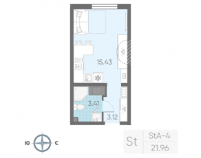 ЖК «Морская миля», планировка студии, 21.96 м²