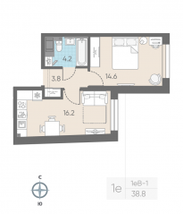 ЖК «ЛСР. Измайловский», планировка 1-комнатной квартиры, 38.80 м²